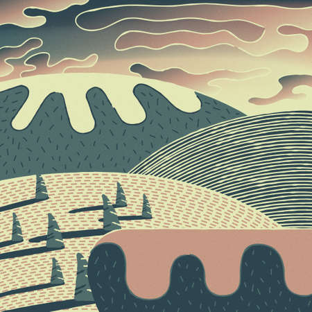 Tourist view point in the beautiful mountains in sunny day, hiking travel concept illustration background, top of the hill, conquer the top of the mountainsのイラスト素材
