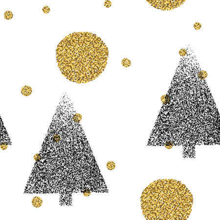 Golden dots and Christmas Trees. Symbol of Happy New Year, Merry Christmas holiday celebration. Seamless vector patternのイラスト素材