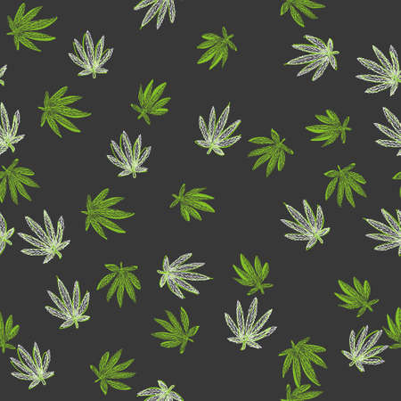 Seamless hemp leaves pattern. Green leaves on black background.のイラスト素材