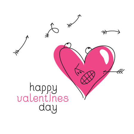 Pink frightened heart under a hail of arrows. Happy Valentine's day vector cardのイラスト素材