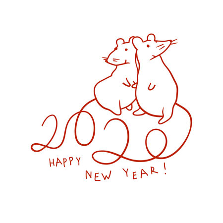 Two cute rats. Hand drawn illustration of Happy New Year. 2020 typography, composed by tails of rats.のイラスト素材