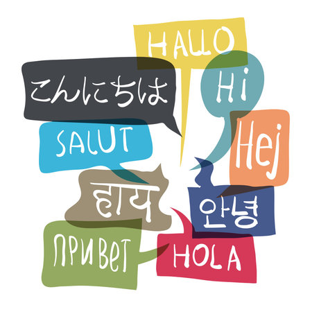 Multilingual colorful greetings in speech bubbles.