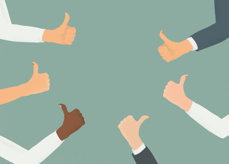 Blank copyspace surrounded by hands with thumbs up. Concept of public approval, acknowledgment, recognition, acceptance and appreciation. Business or social media template.のイラスト素材