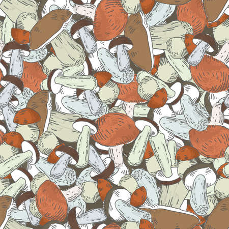 Many Mushrooms natural color seamless pattern. Natural food theme vector backgroundのイラスト素材