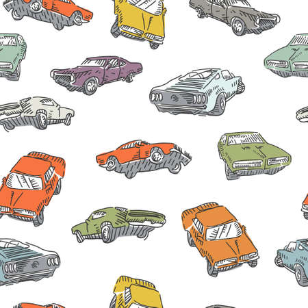 Muscle car seamless pattern. Jumping rally car, oldschool cars print. Vector illustration.のイラスト素材