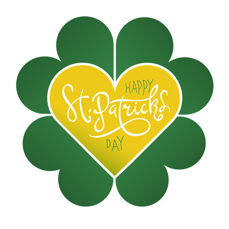 Happy Saint Patrick's Day on four-leaf clover flower. Abstract St. Patrick day logo vector design template. Clover leaf shape with heart, combined to four-leaf lucky symbol.のイラスト素材