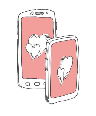 Two hearts on screen of device. Valentines day vector illustration. Relationship theme vectorのイラスト素材