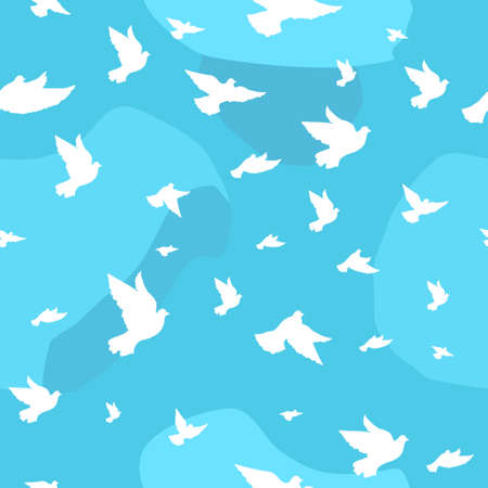 White doves on a background of blue sky with clouds. Vector seamless patternのイラスト素材