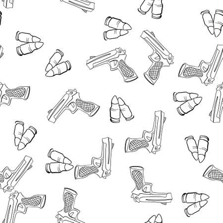 Seamless pattern with pistols and bullets. Vector doodles backgroundのイラスト素材
