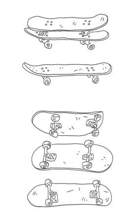 Skateboard mockup. Skateboards different angles views. Vector sports doodle set.のイラスト素材