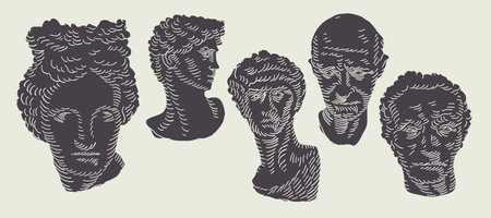 Classic gypsum head statue background concept. Vector statue collection. Hand drawn vector doodle illustration.のイラスト素材