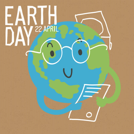Cute Earth character image. Earth is celebrating the end of learning. Save the Earth concept. Vector illustration on cardboard ...のイラスト素材
