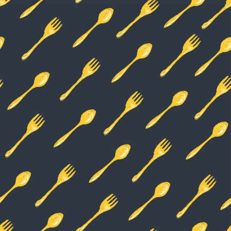 Yellow fork and spoon on black background, vector. Restaurant seamless pattern.のイラスト素材