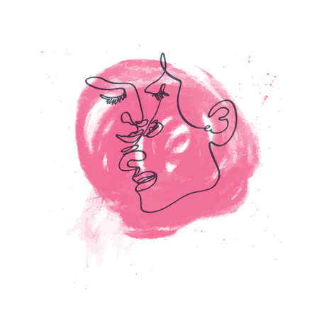 Continuous line portrait of romantic couple. Pink circle shape vector background.のイラスト素材