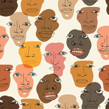 Multi-ethnic faces seamless pattern. Different ethnicity men - Caucasian, African, Asian. Vector backgroundのイラスト素材