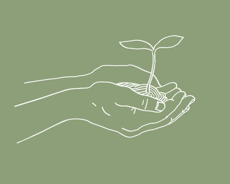 Hands with plant and Earth character with smile. Earth day or Save the earth concept poster. Vector illustrationのイラスト素材