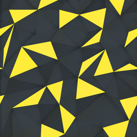 Yellow triangle pattern, on dark background with light effect. Vector design texture.