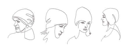 Abstract modern portraits of woman in warm hat. Continuous line, Vector illustration.のイラスト素材