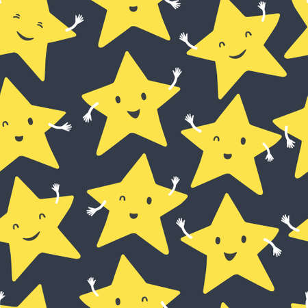 Yellow smiling stars. Cartoon style vector seamless dark blue background.のイラスト素材