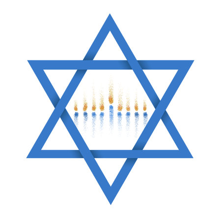 Vector illustration of Blue Magen David (star of David) with menorah symbol inside. Isolated on white backgroundのイラスト素材