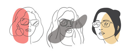 Diversity ethnic beauty womens in sunlight glasses. Color of skin in separate layers and can be edited.のイラスト素材