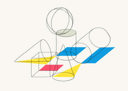 Compositions of wireframe solid shapes and color geometric figures. Abstract art background.のイラスト素材
