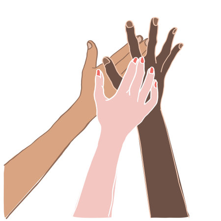 People multi ethnic hands holding together, friendly team work at meeting. Editable (each hands is in separate layer). Vector illustration, linear sketchのイラスト素材