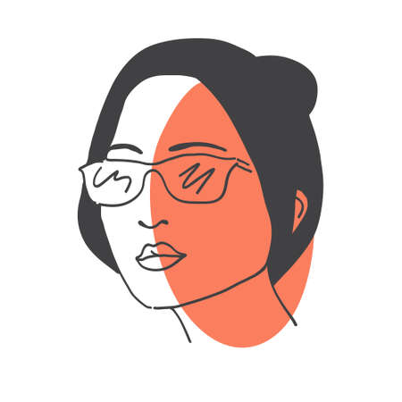 Abstract Art Poster with woman wearing sunglasses. Abstract art poster with female face - lips, modern sunglasses, long hair. Contemporary trendy art portrait. Abstract vector illustration of a young female adult.のイラスト素材