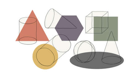 Compositions of wireframe solid shapes and color geometric figures. Abstract art background.のイラスト素材