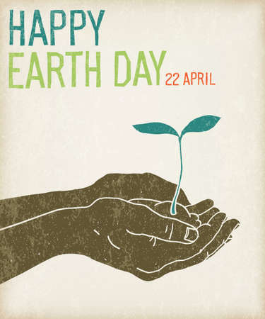 Earth Day Poster with hands, holding little sprout. Happy Earth Day, 22 April. On aged recycled paper backgroundのイラスト素材