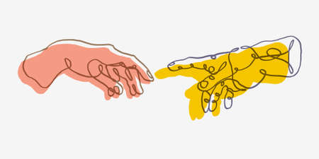 Reaching hands from The Creation of Adam of Michelangelo illustration reproduction. Vector illustrationのイラスト素材