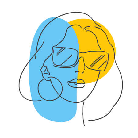 Abstract Art Poster with woman wearing sunglasses. Abstract art poster with female face - lips, modern sunglasses, long hair. Contemporary trendy art portrait. Abstract vector illustration of a young female adult.のイラスト素材