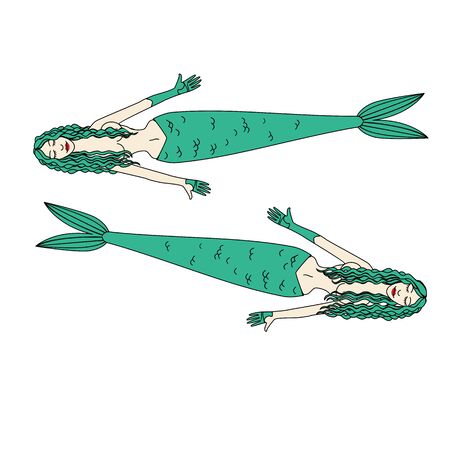 Two mermaids with green hairのイラスト素材