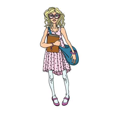 Vector image of a girl in glasses with a bookのイラスト素材