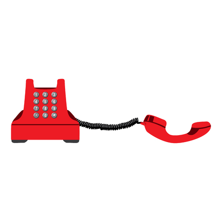 Red vintage stationary push-button phone with handset lying next to it. Vector isolated image.のイラスト素材
