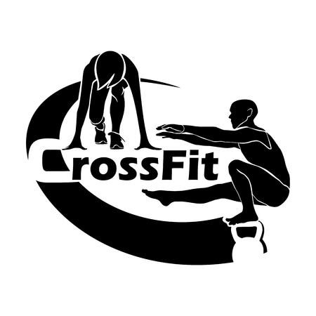 Logo for crossfit. The athlete in a squat on one leg keeps balance on a weight. The athlete is preparing to run at the start.のイラスト素材