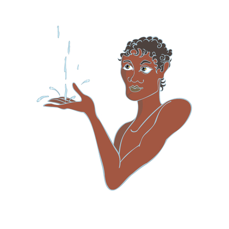 A black man catches raindrops on his palm. Vector stylized color isolated image.のイラスト素材