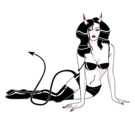 Woman vamp in black leather underwear and boots, with horns and tail, devil.のイラスト素材