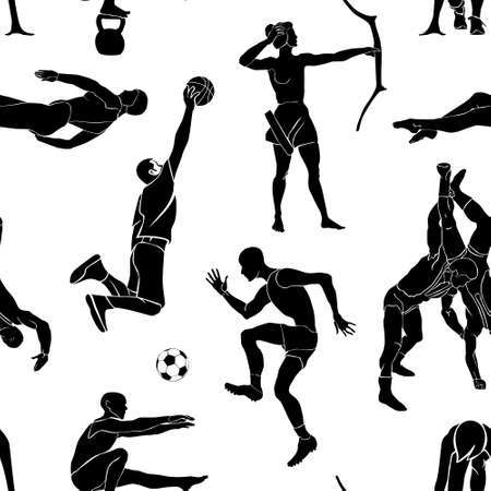 Seamless pattern with athletes of different sports. Greco-Roman wrestling, running, basketball, soccer, archery, fitness, swimming. Vector image.のイラスト素材