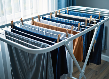 Colorful garments are hanging on a drying rack indoors, illuminated by natural light, creating a warm and inviting atmosphere AI Generated Image.の素材