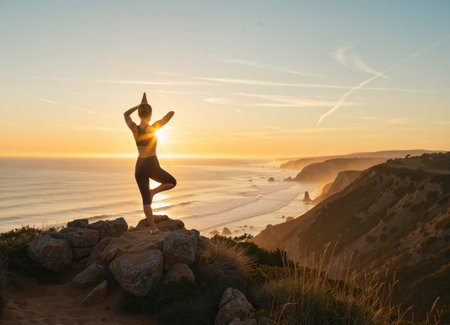 Female yoga practitioner is balancing on one leg on rocky outcrop, with ocean waves and cliffs in the background, capturing a moment of peace and focus AI Generated Image.の素材