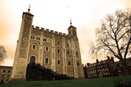                                White Tower in London Tower, UK  Sepia styleのeditorial素材