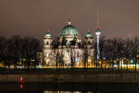 Berliner Dom Cathedral at night, Berlin, Germany の写真素材