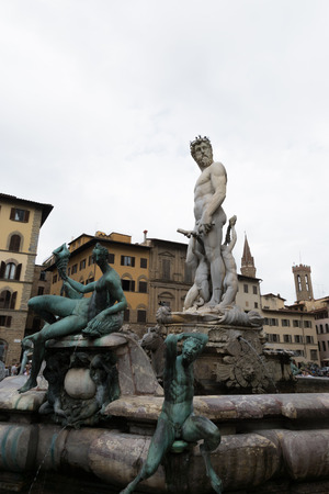 Famous Fountain of Neptune on Piazza della Signoria in Florence, Italyの写真素材