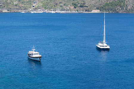 Boats on the Blue Sea, Lipari, Messina, Sicily, italyの写真素材