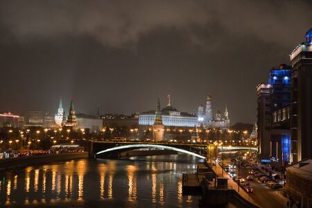 Moscow Kremlin at night. Popular tourist view of the main attraction of Moscow.の写真素材