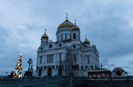 view of the Christ the Savior Cathedral, Moscow Orthodox church with golden domes, Russiaの写真素材