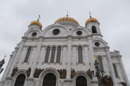 view of the Christ the Savior Cathedral, Moscow Orthodox church with golden domes, Russiaの写真素材