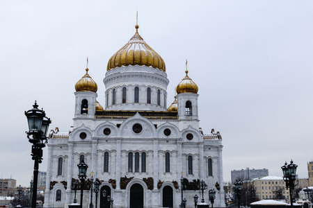 view of the Christ the Savior Cathedral, Moscow Orthodox church with golden domes, Russiaの写真素材