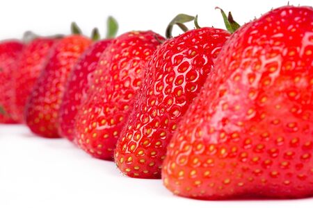 Strawberries aligned in row, closed-up  on whiteの写真素材